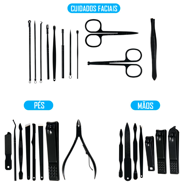 Kit Manicure Profissional MenCare 26 em 1 - Materia em Aço Cirúgico