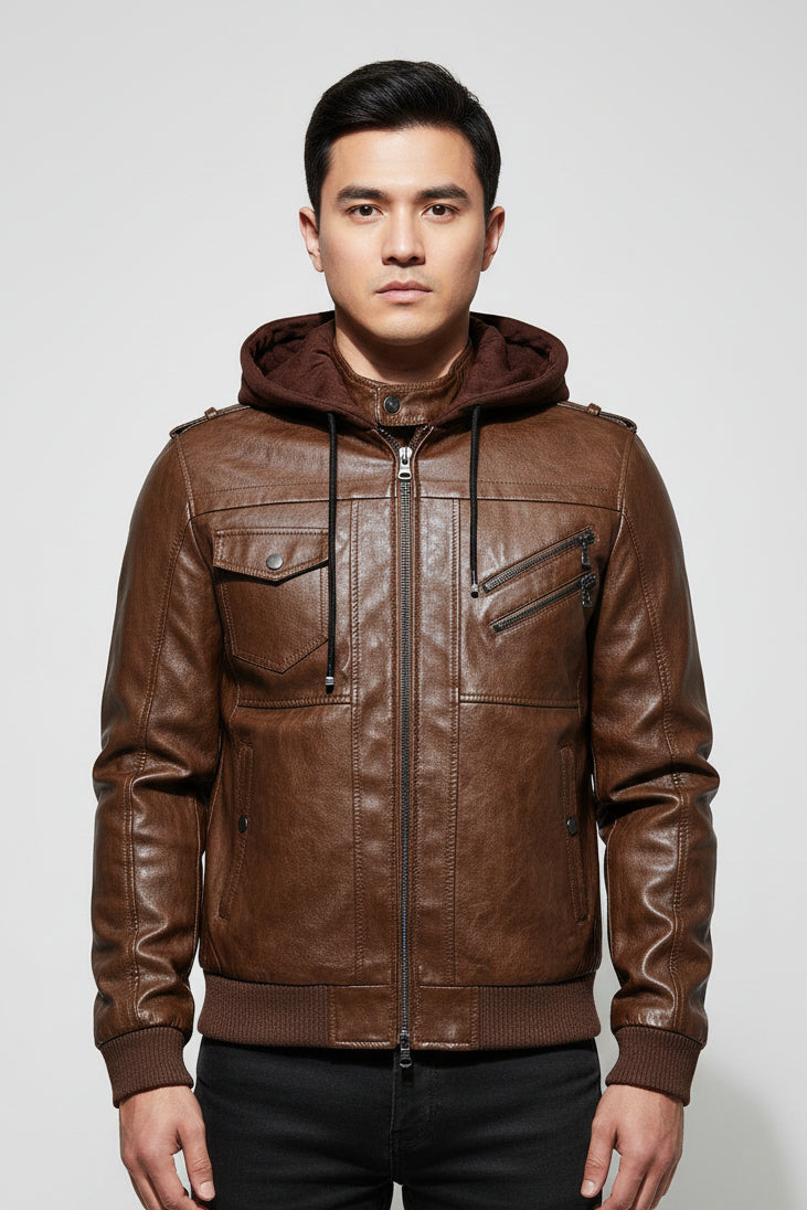 Jaqueta de Couro Masculina com Capuz